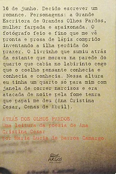Capa do livro Atrás dos Olhos Pardos. Uma Leitura da Poesia de Ana Cristina Cesar